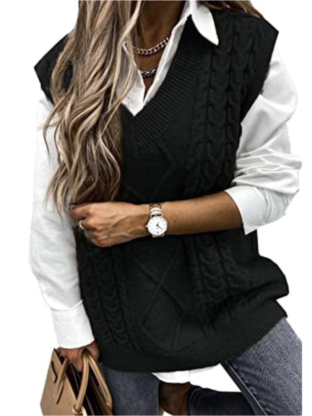Oversized Cable Knit Sweater Vest V-Neck Sleeveless Women